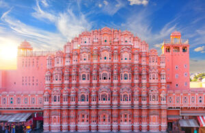 "Panoramic view of Jaipur, featuring the historic Amber Fort and vibrant cityscape."